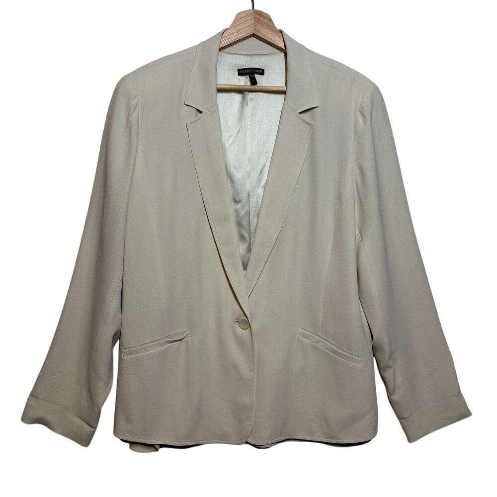 Eileen Fisher Beige Cream Silk Single Button Blazer Jacket Sz L Quiet Luxury